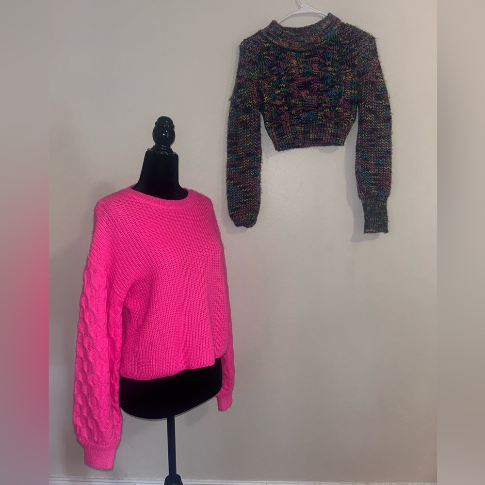Shein Sweater Bundle | Pink Textured Knit + Multi-Colored Cropped | Size S